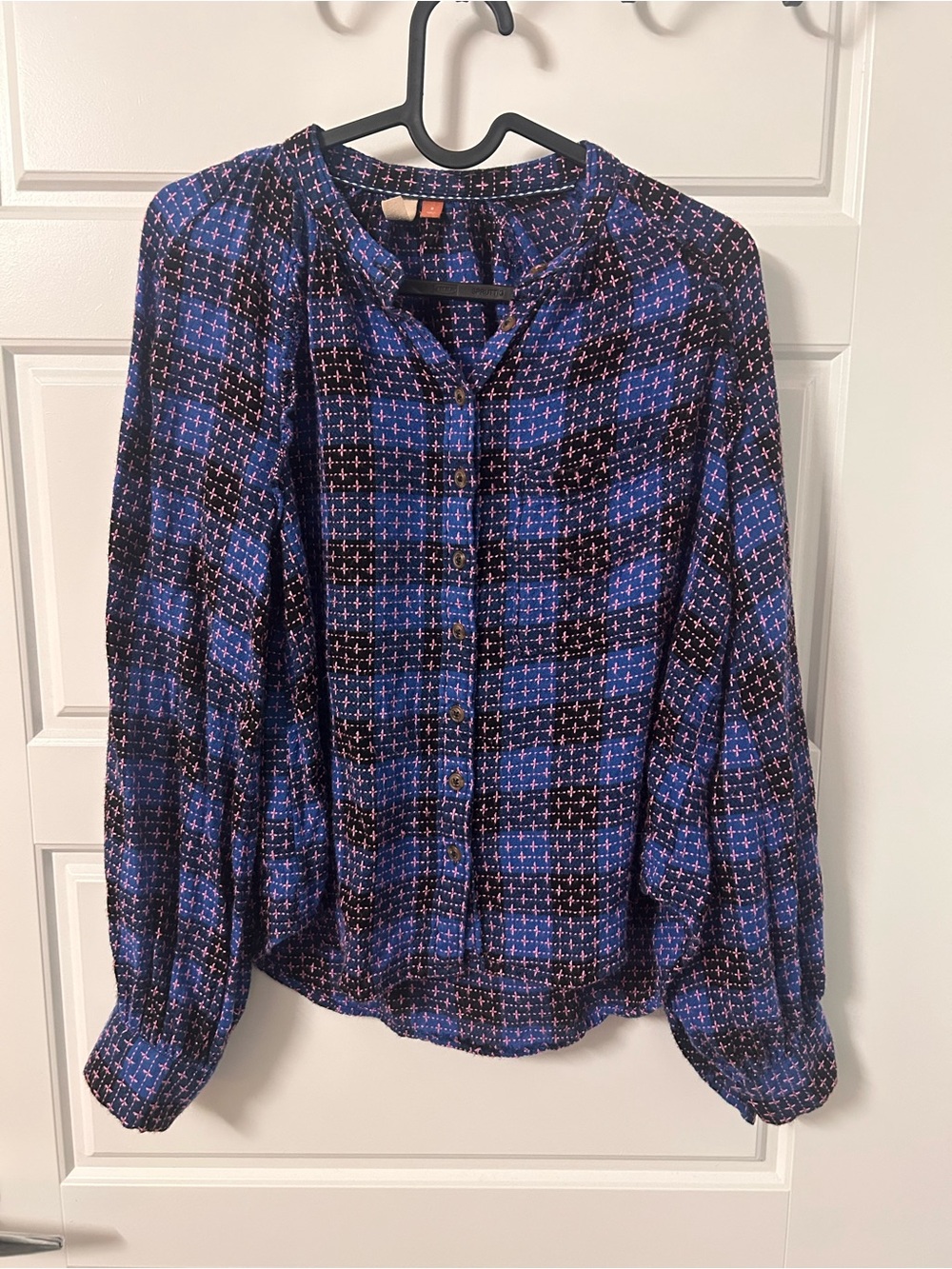 Anthropologie Blue and black Plaid Long-Sleeve button down Women's Blouse - Picture 4 of 10